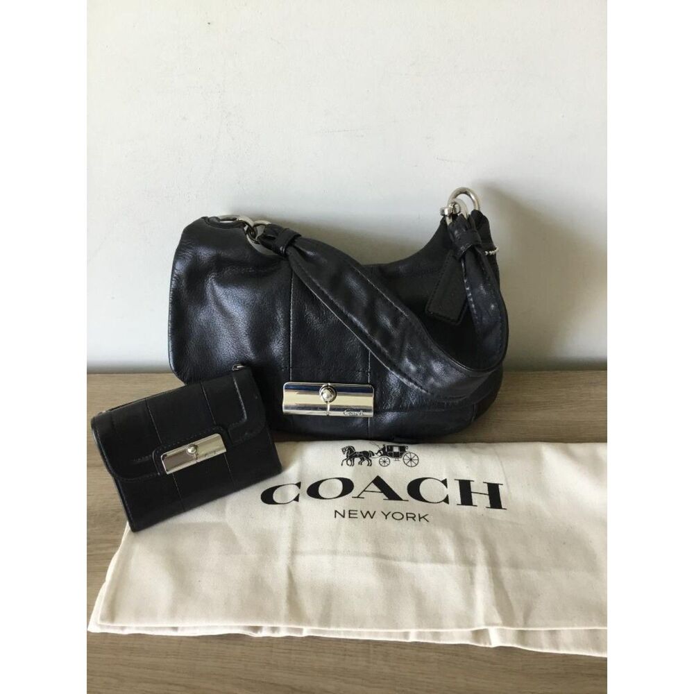 Coach Kristin Black Leather Shoulder Bag Matching Wallet Coach Dustbag